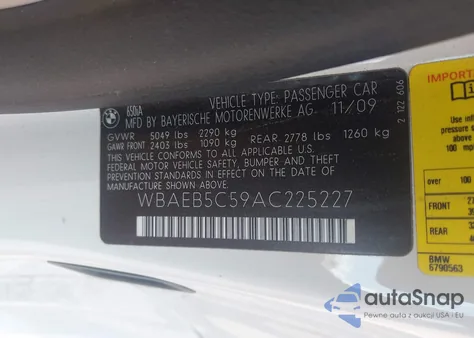 2010 BMW 650I from USA, damaged, VIN WBAEB5C59AC225227